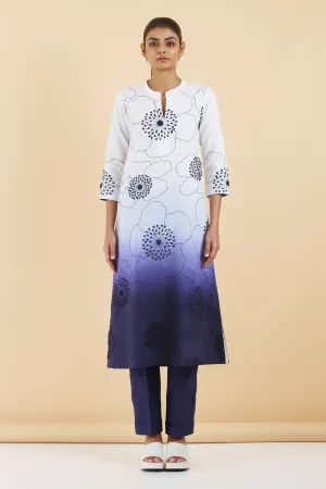 Ivory Indigo Shaded Floral Threadwork Cotton Linen Kurta Set