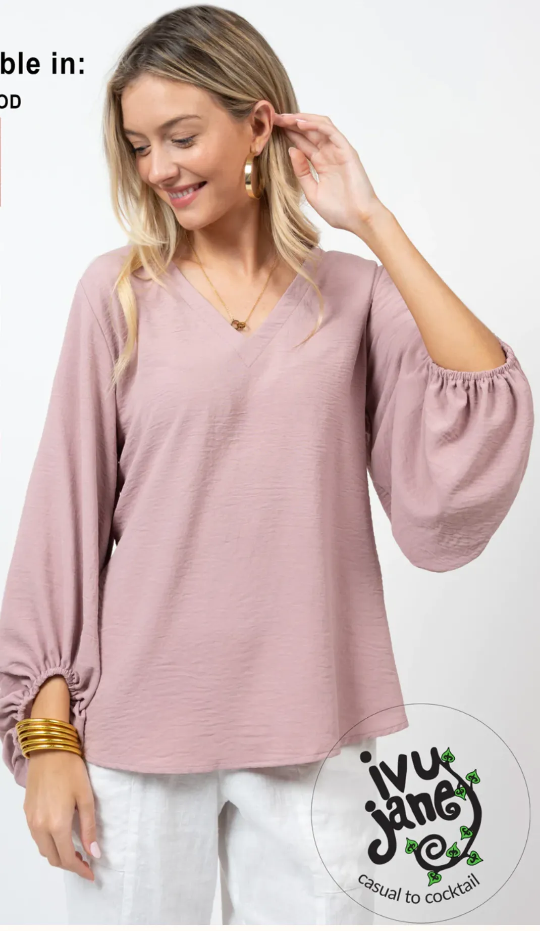 Ivy Jane Rosewood V-Neck Puff Sleeve Top
