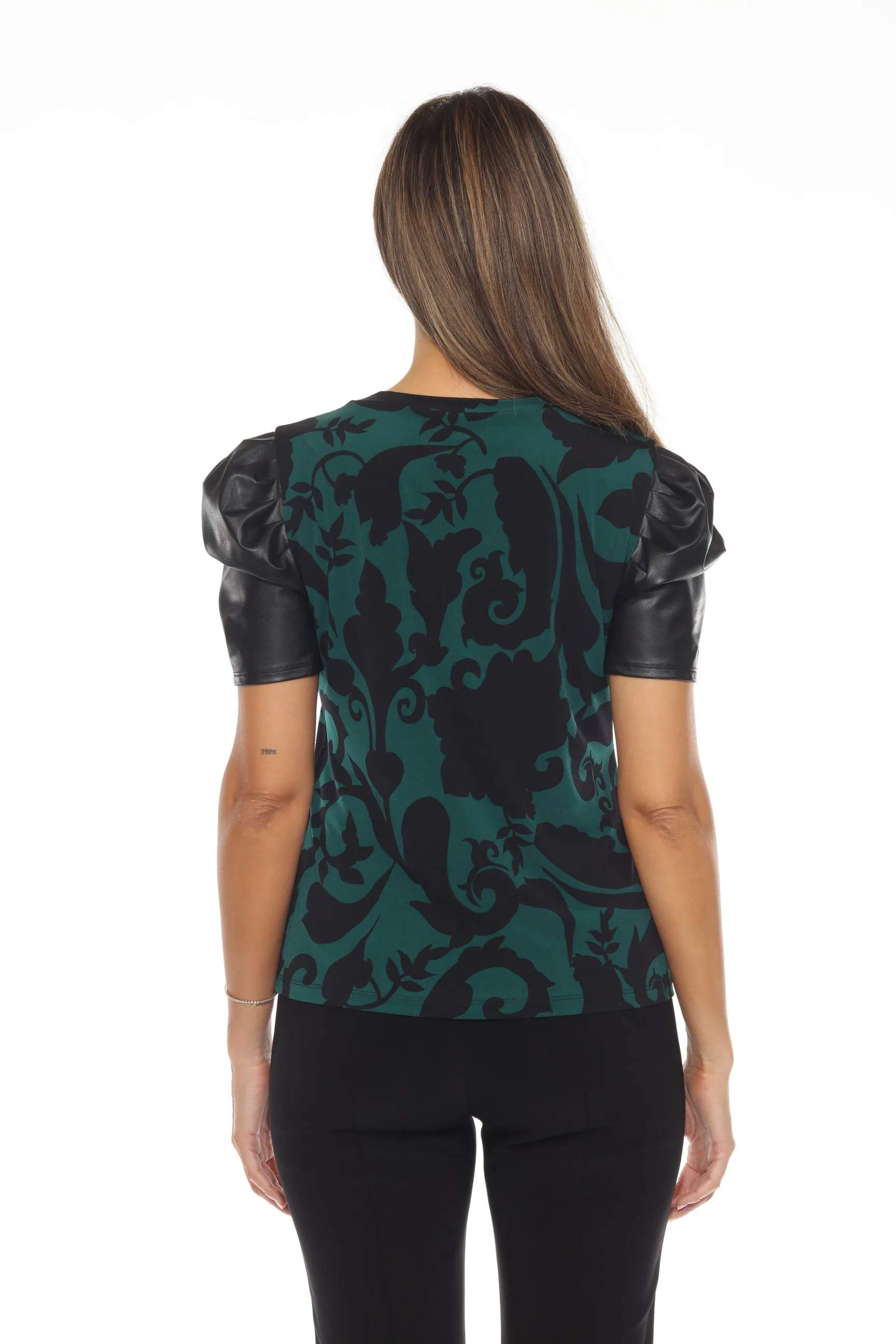 Joseph Ribkoff Absolute Green/Black Paisley Faux Leather Puff Sleeve Top 244071
