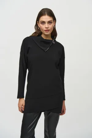 Joseph Ribkoff Black/Silver Hi-Low Long Sleeve Mock Neck Top 244158