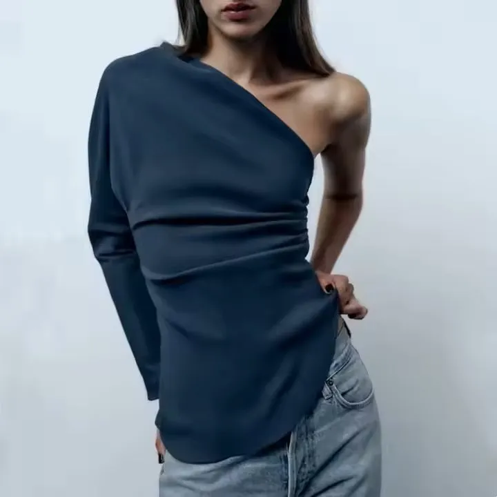 Journee Teal Asymmetrical Long Sleeve Side Pleated Top