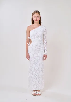 Journee White Asymmetrical Neckline Hallow Side Lace Maxi Dress