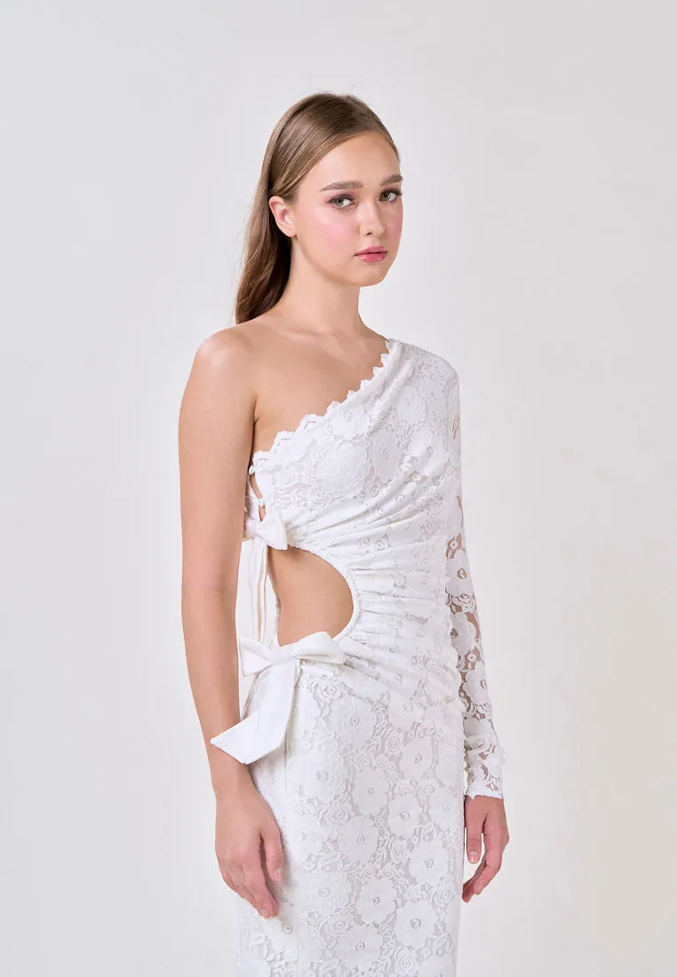 Journee White Asymmetrical Neckline Hallow Side Lace Maxi Dress