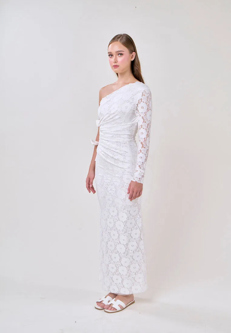 Journee White Asymmetrical Neckline Hallow Side Lace Maxi Dress