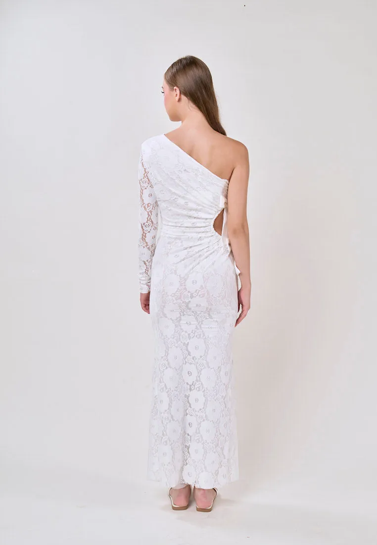 Journee White Asymmetrical Neckline Hallow Side Lace Maxi Dress