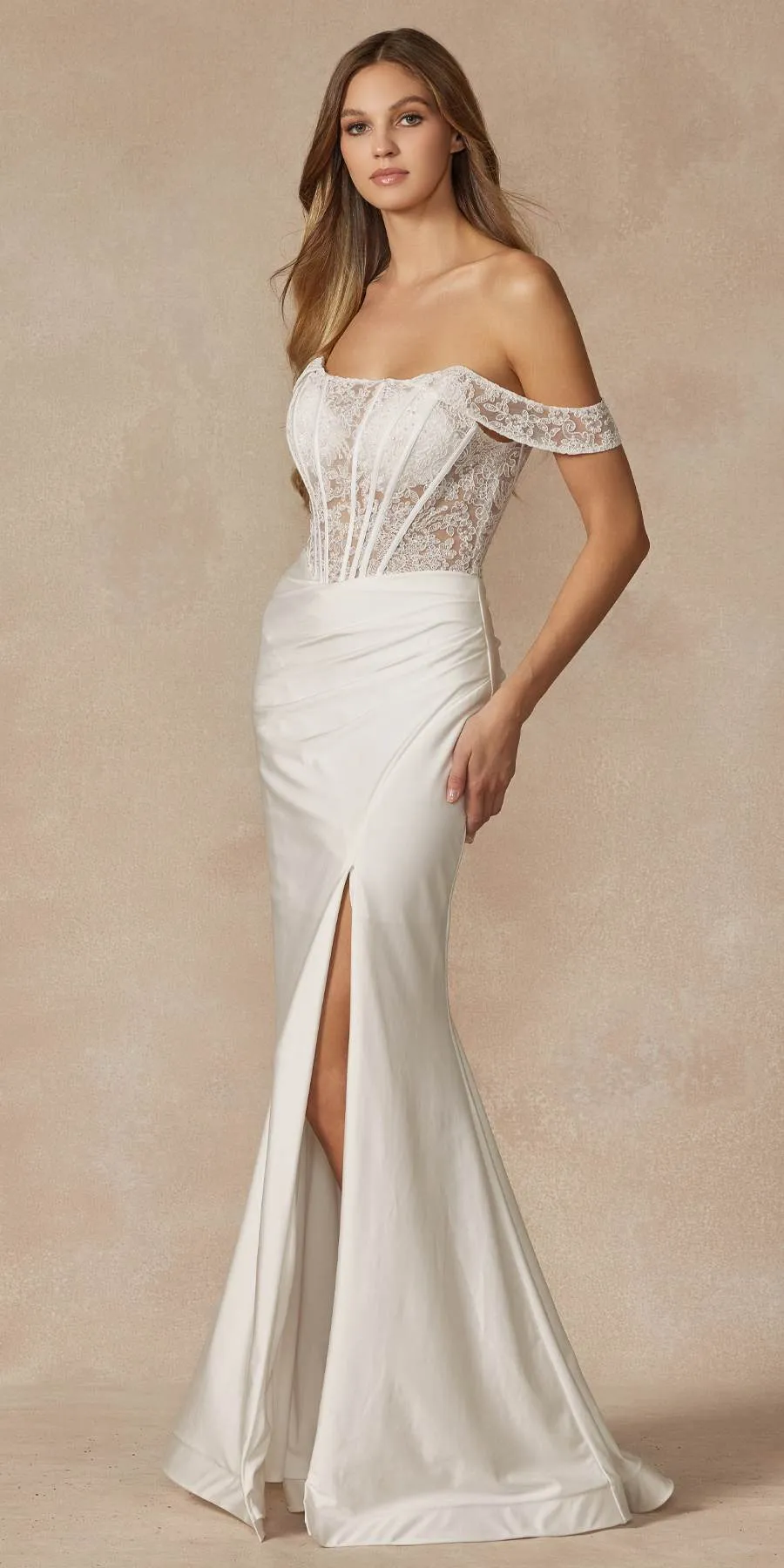 Juliet 2407 Long Off the Shoulder Ruched Gown with Corset Top and Slit