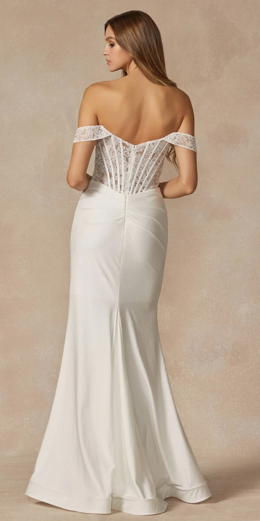Juliet 2407 Long Off the Shoulder Ruched Gown with Corset Top and Slit