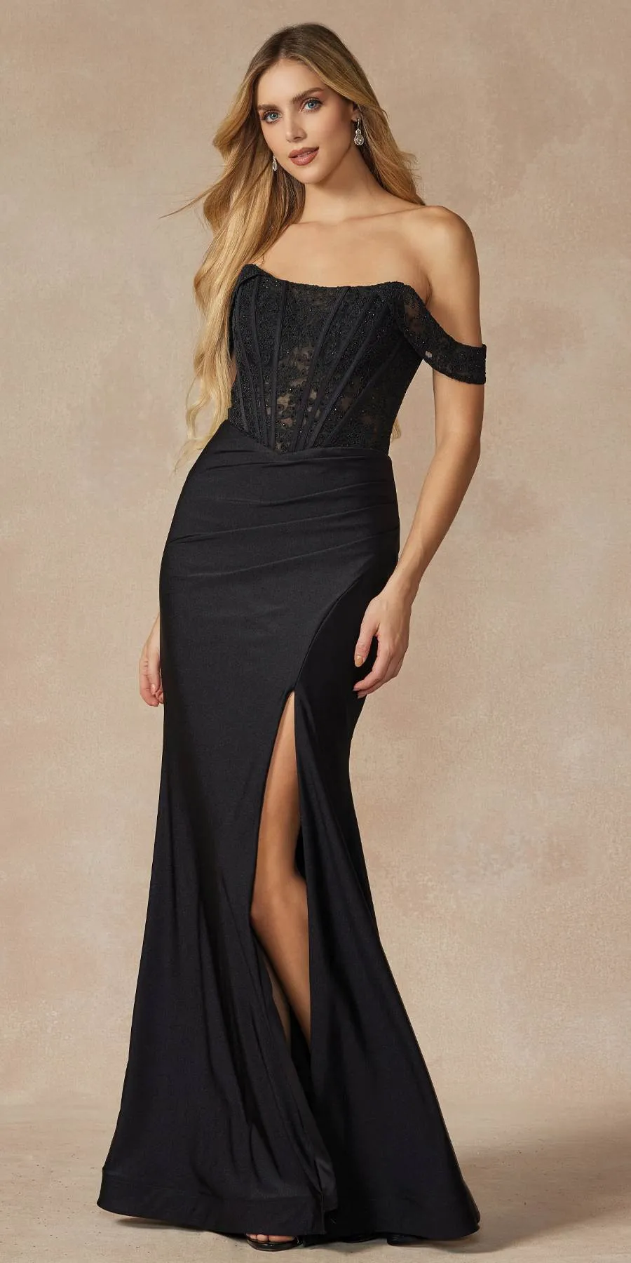 Juliet 2407 Long Off the Shoulder Ruched Gown with Corset Top and Slit