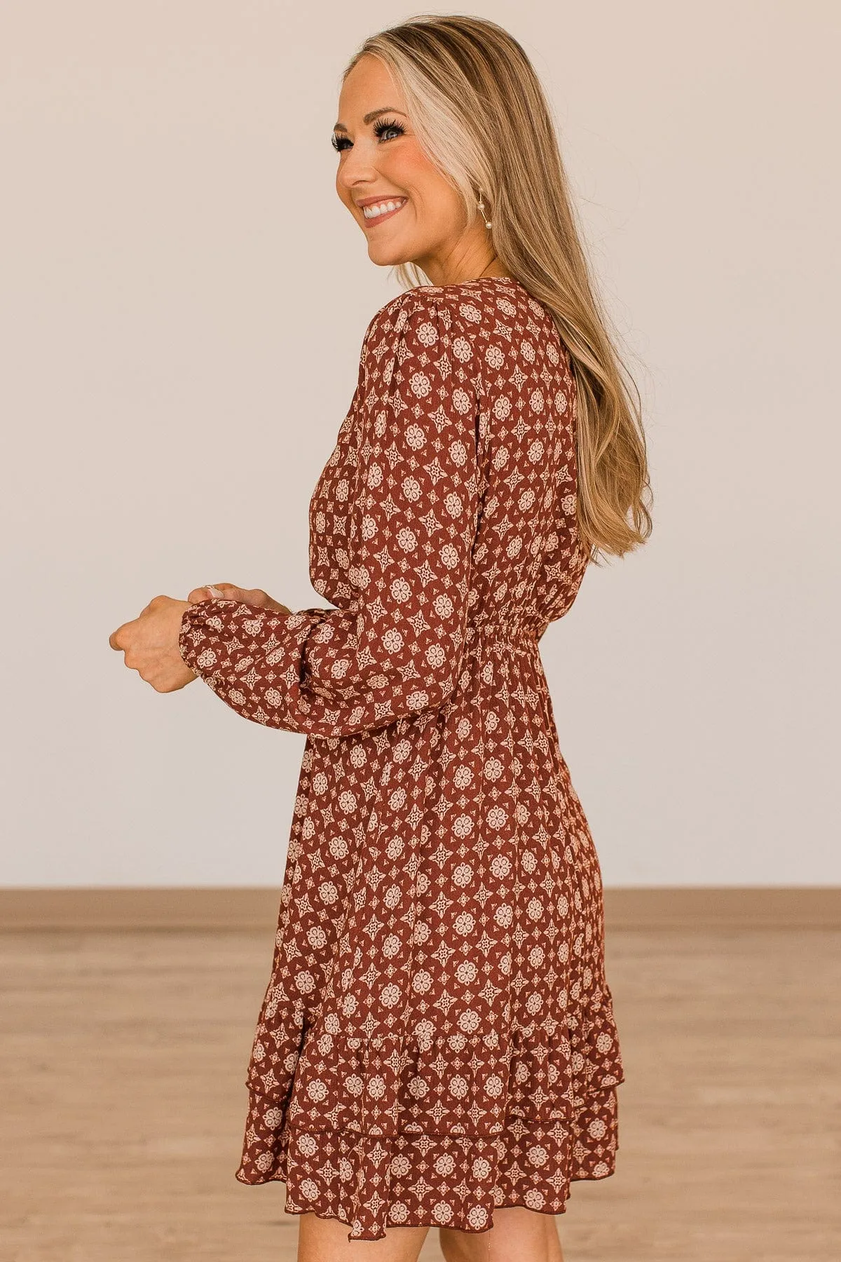 Keep Moving Forward Wrap Dress- Rust