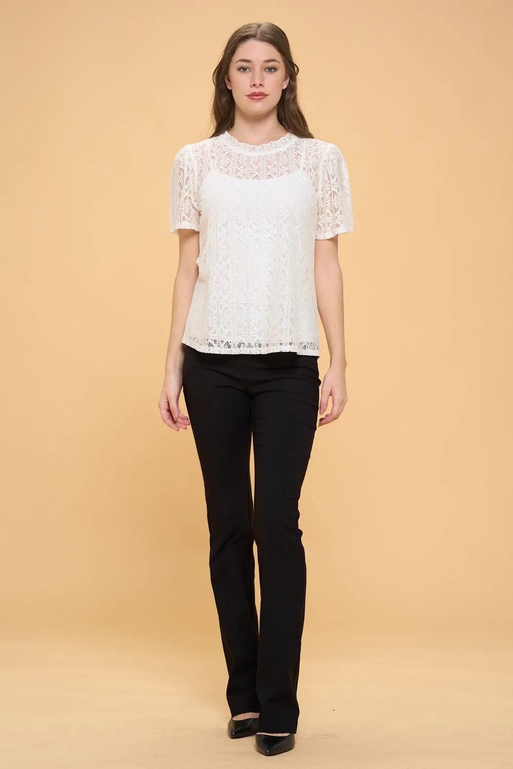 LACE PUFF RUFFLE NECK PEASANT TOP