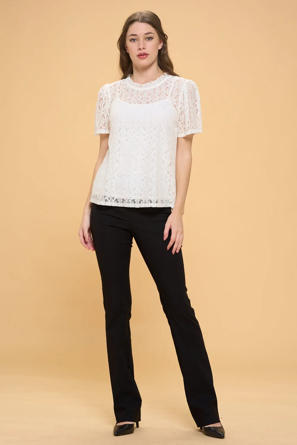 LACE PUFF RUFFLE NECK PEASANT TOP