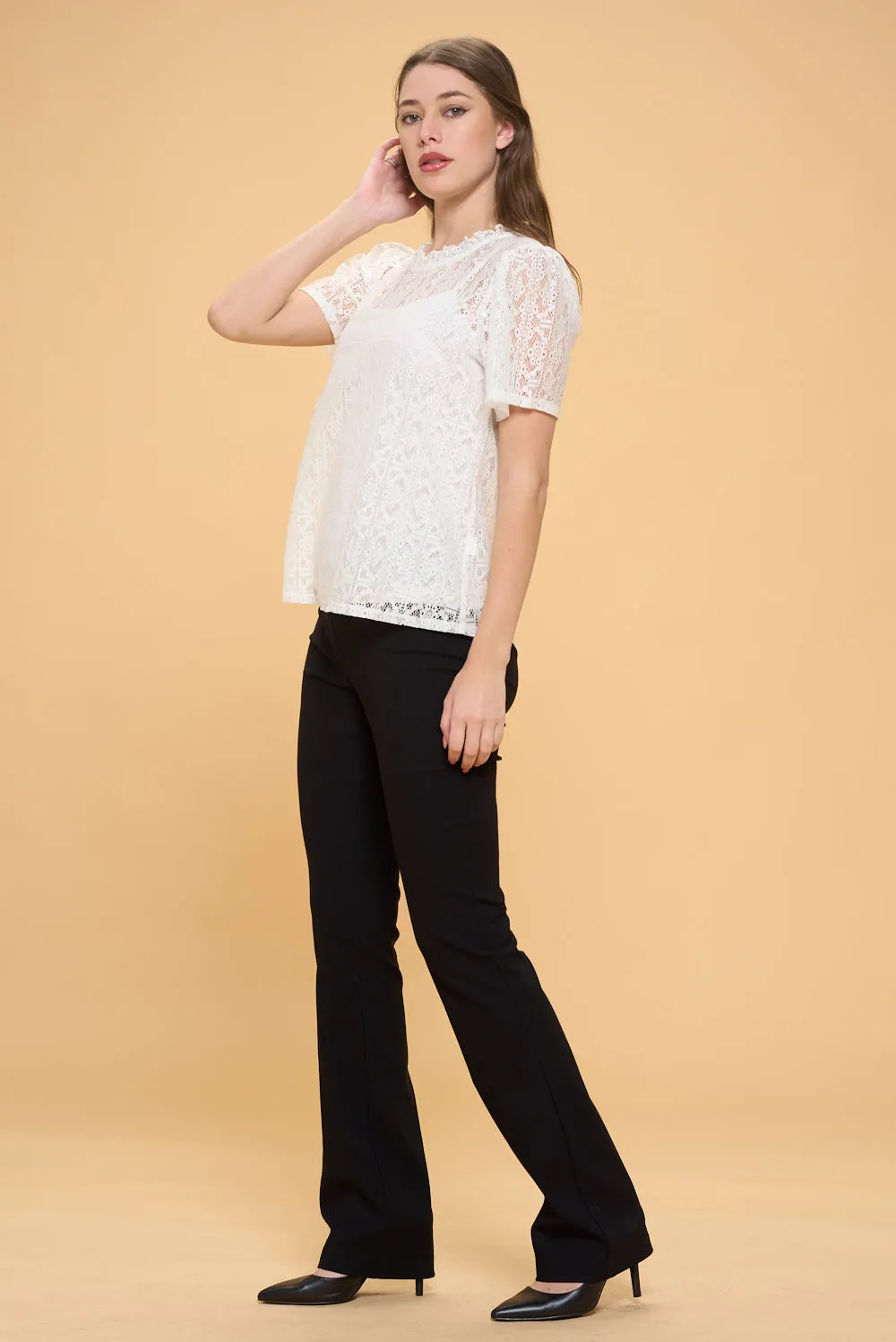LACE PUFF RUFFLE NECK PEASANT TOP