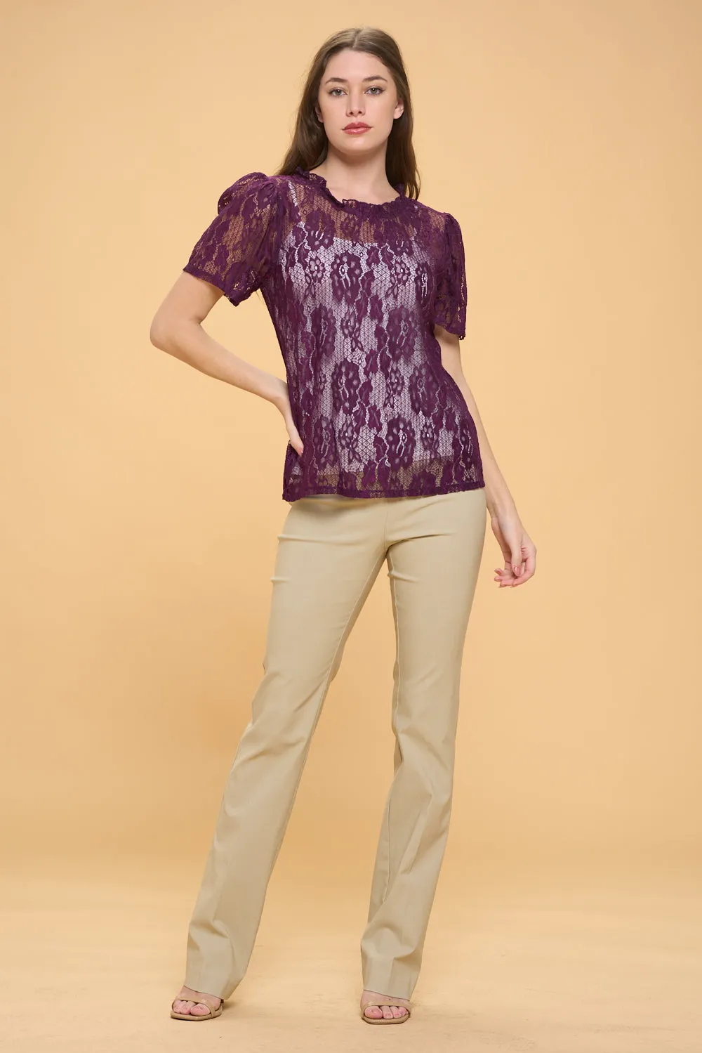 LACE PUFF RUFFLE NECK PEASANT TOP