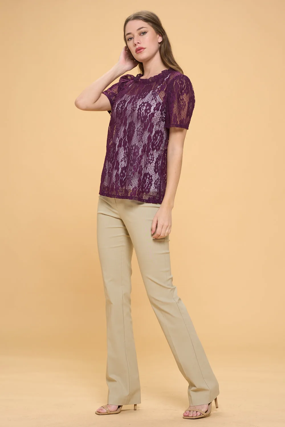LACE PUFF RUFFLE NECK PEASANT TOP