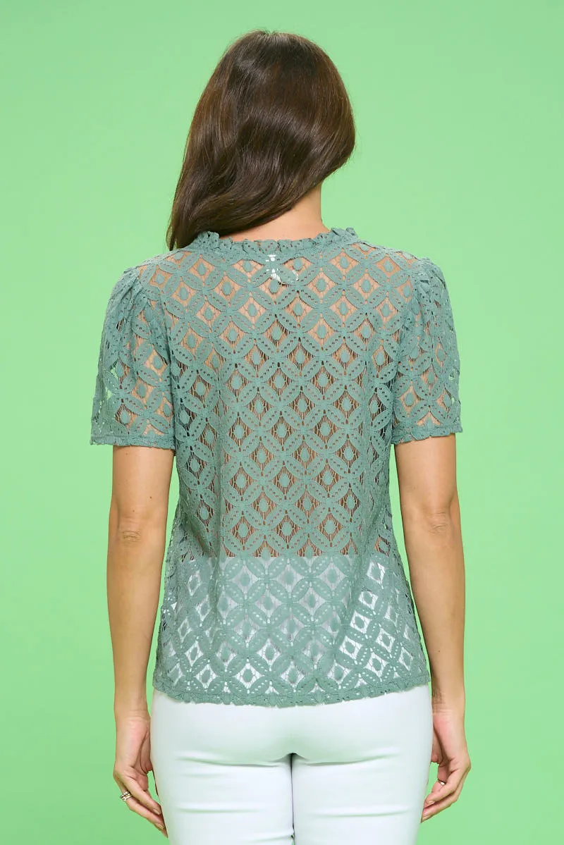 LACE PUFF RUFFLE NECK PEASANT TOP