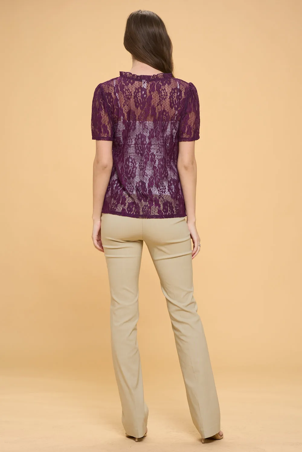 LACE PUFF RUFFLE NECK PEASANT TOP