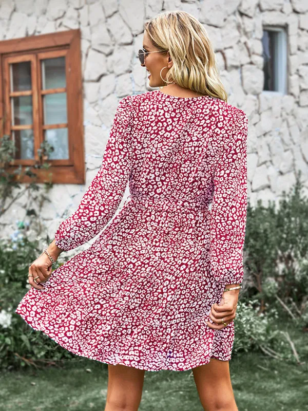 Leopard Print V-Neck Wrap Dress with Long Sleeves