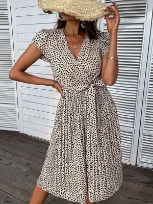 Leopard Print V-Neck Wrap-Style Beach Dress with Pleated Skirt