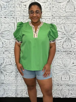 Leopard Trim Split Neck Puff Sleeve Top