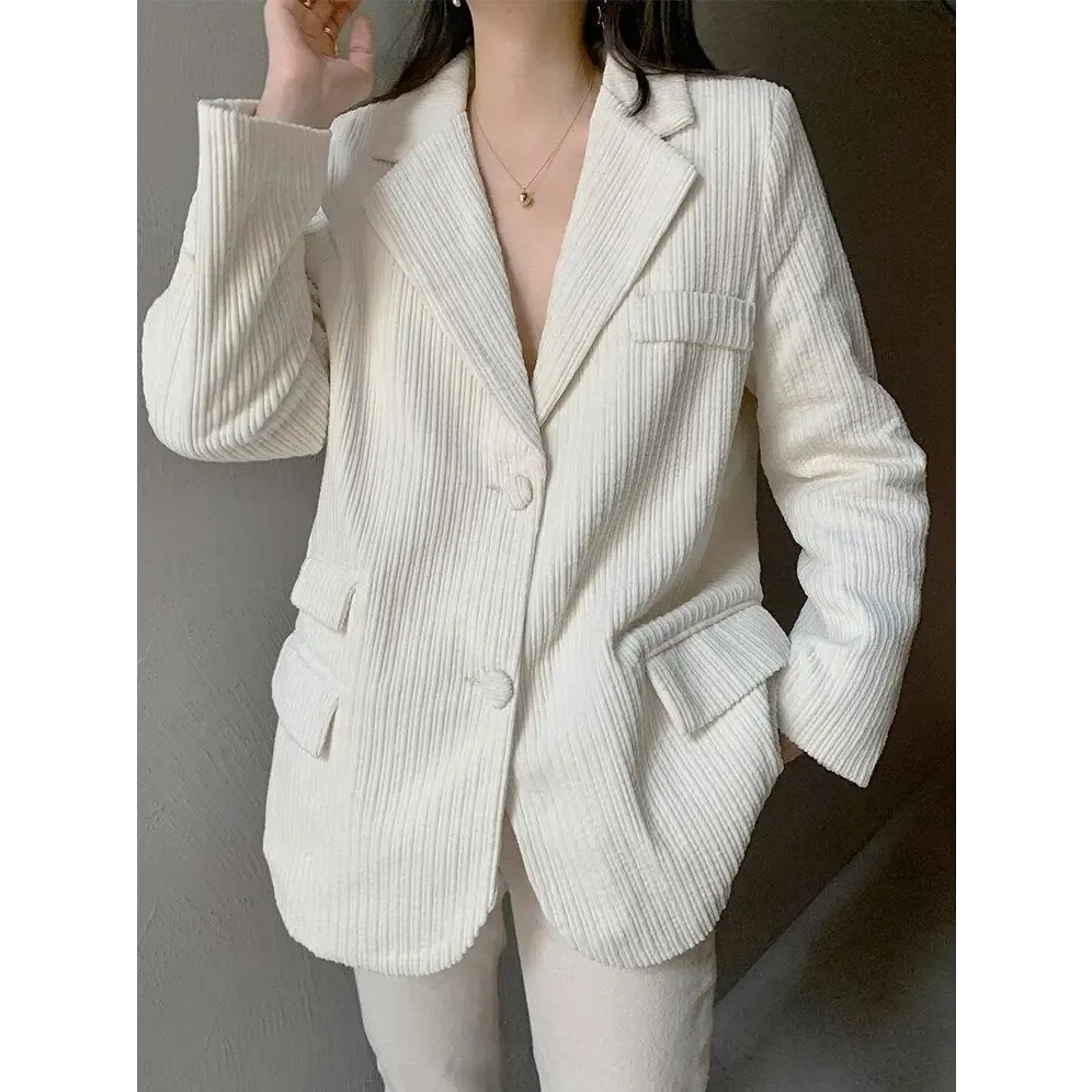 Light Academia Soft Touch Corduroy Blazer in White