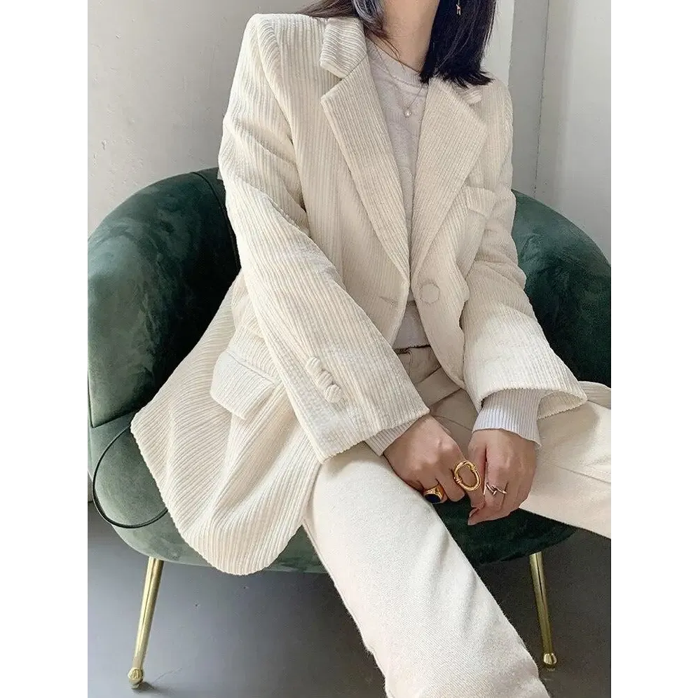 Light Academia Soft Touch Corduroy Blazer in White