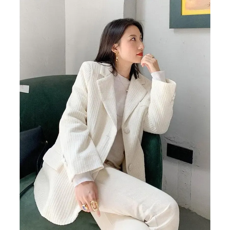 Light Academia Soft Touch Corduroy Blazer in White