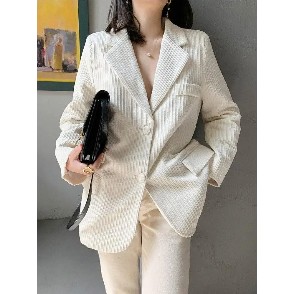 Light Academia Soft Touch Corduroy Blazer in White