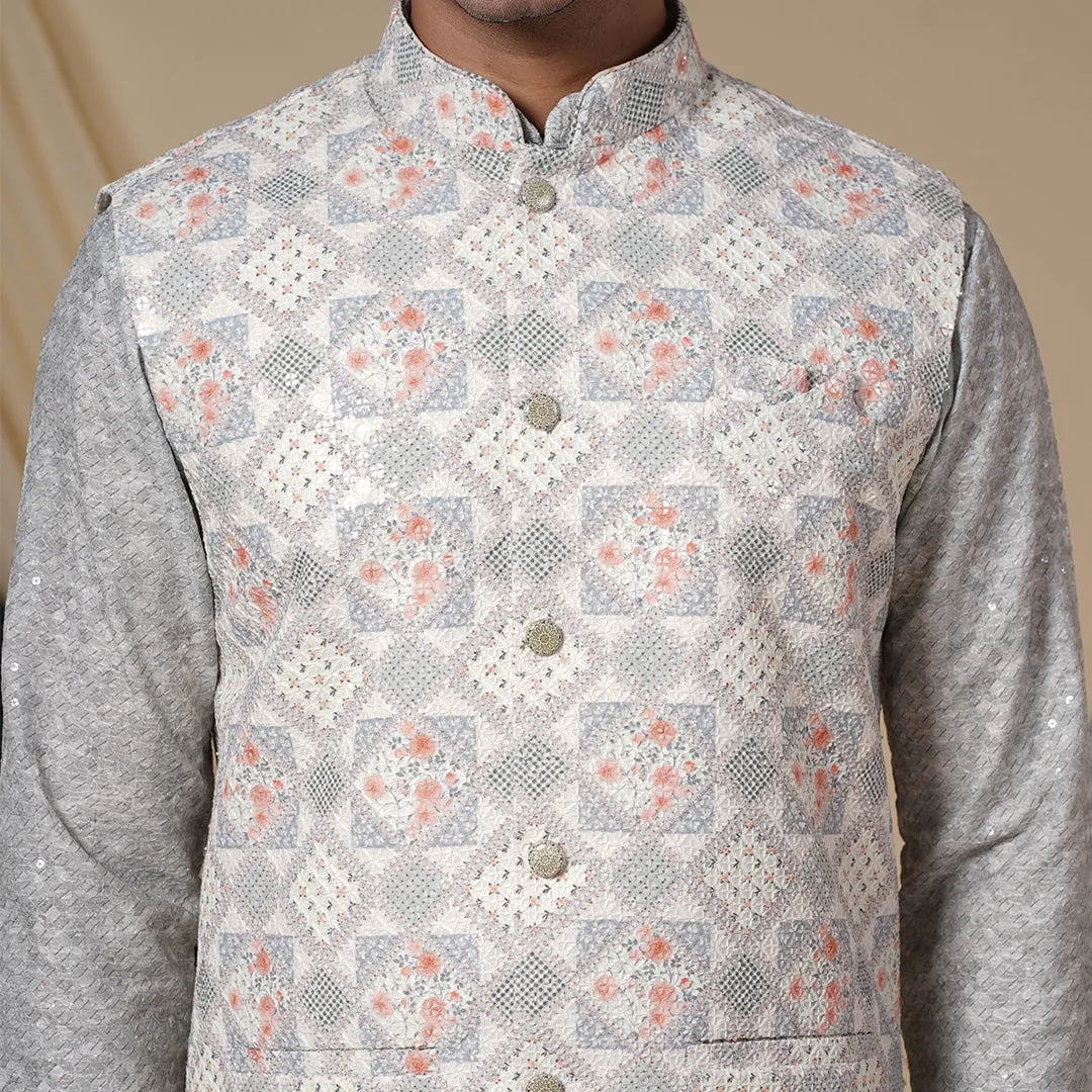 Light Cream Georgette Floral Print Kurta Set With Jacket