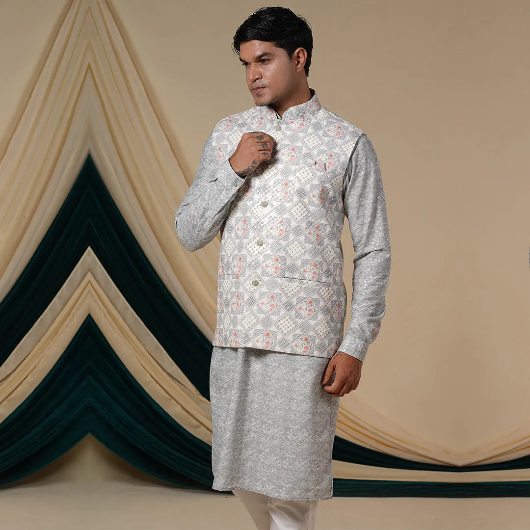 Light Cream Georgette Floral Print Kurta Set With Jacket