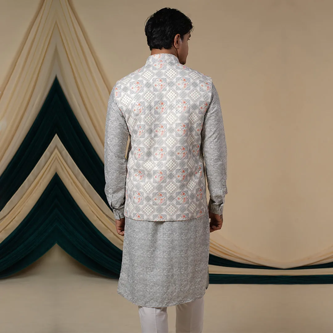 Light Cream Georgette Floral Print Kurta Set With Jacket
