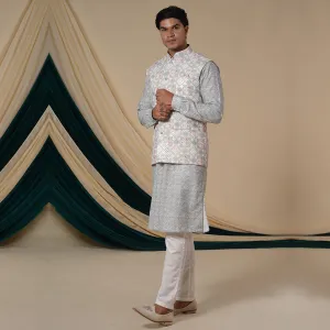 Light Cream Georgette Floral Print Kurta Set With Jacket