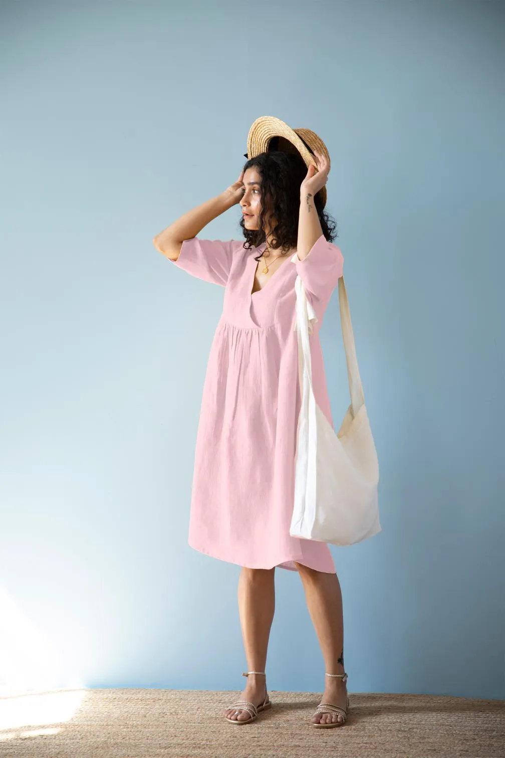 Linen Citrus Midi Dress-Oatmeal