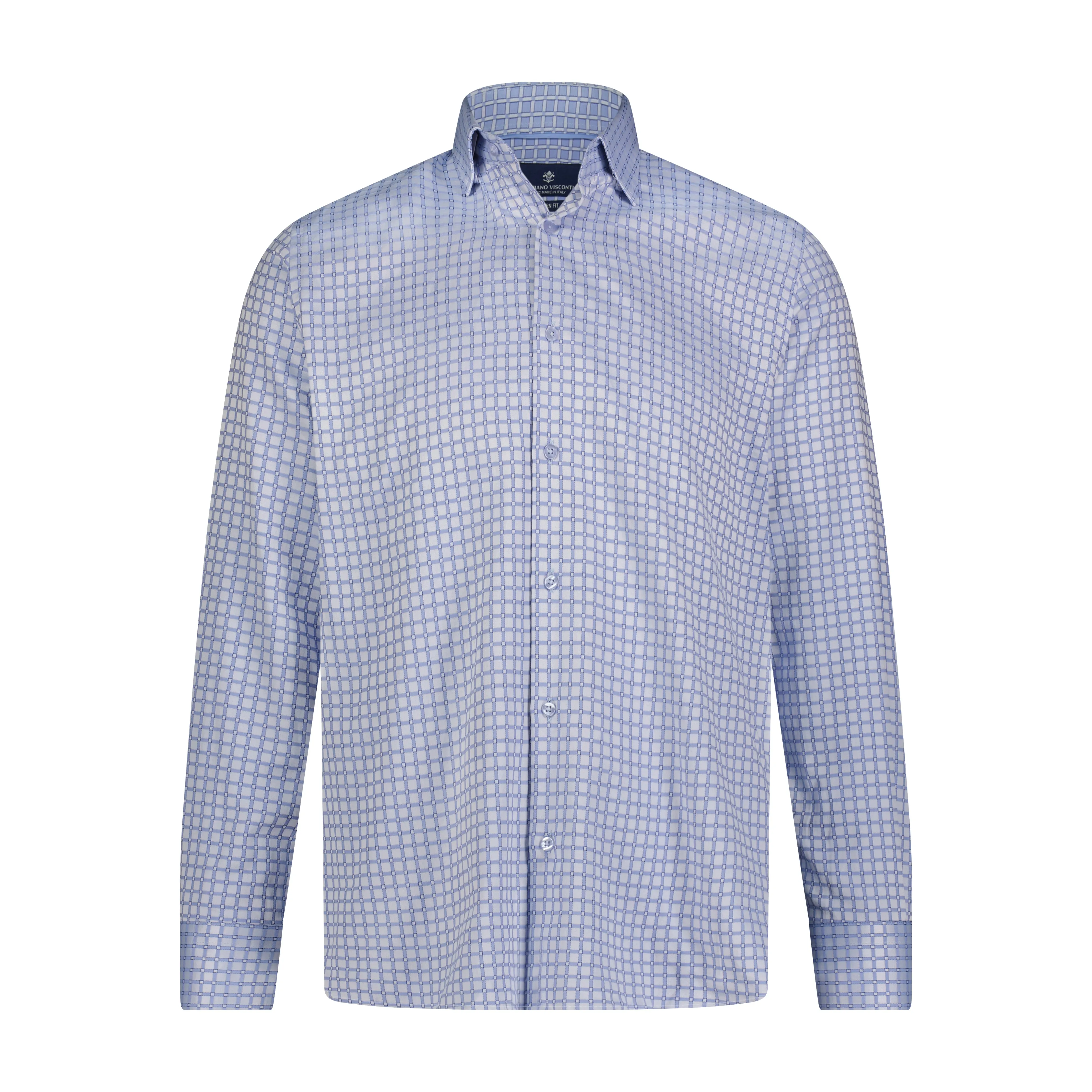 Lite Blue and Navy Small Check Print Long Sleeve Shirt