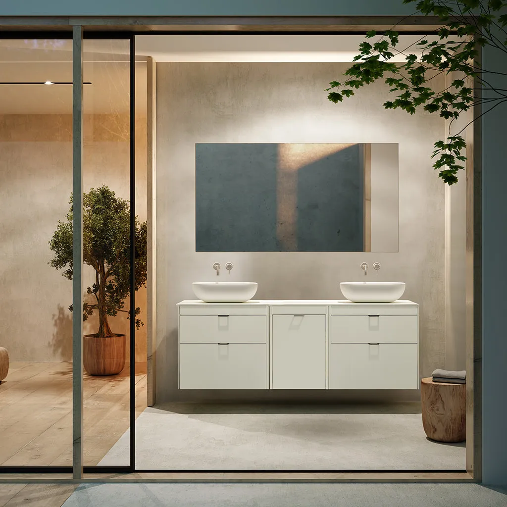 Logika 2 Drawers And 1 Wardrobe Bathroom Vanity with Mineral Countertop - Wall Mount - 64" Mdf/Matt White/Inox