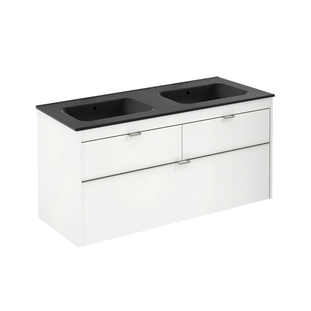 Logika 3 Drawers Bathroom Vanity with Ceramic Double Sink - Wall Mount - 48" Mdf/Matt White/Inox