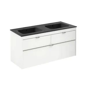 Logika 3 Drawers Bathroom Vanity with Ceramic Double Sink - Wall Mount - 48" Mdf/Matt White/Inox