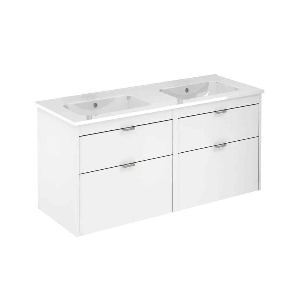 Logika 4 Drawers Bathroom Vanity with Ceramic Double Sink - Wall Mount - 48" Mdf/Matt White/Inox