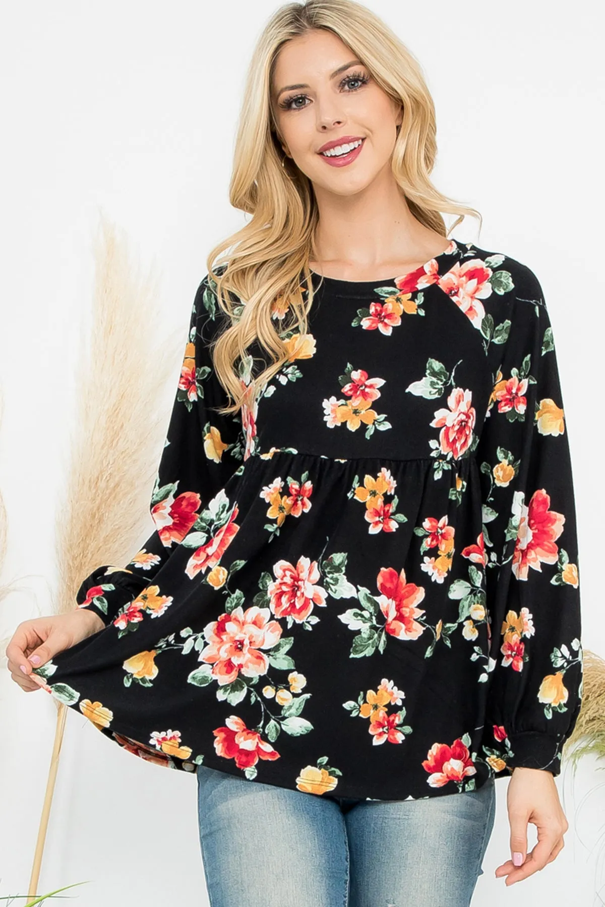 Long Puff Sleeve Floral Top