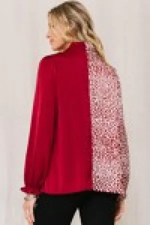 LONG PUFF SLEEVE TIE NECK BAND PRINT BLOCK BLOUSE