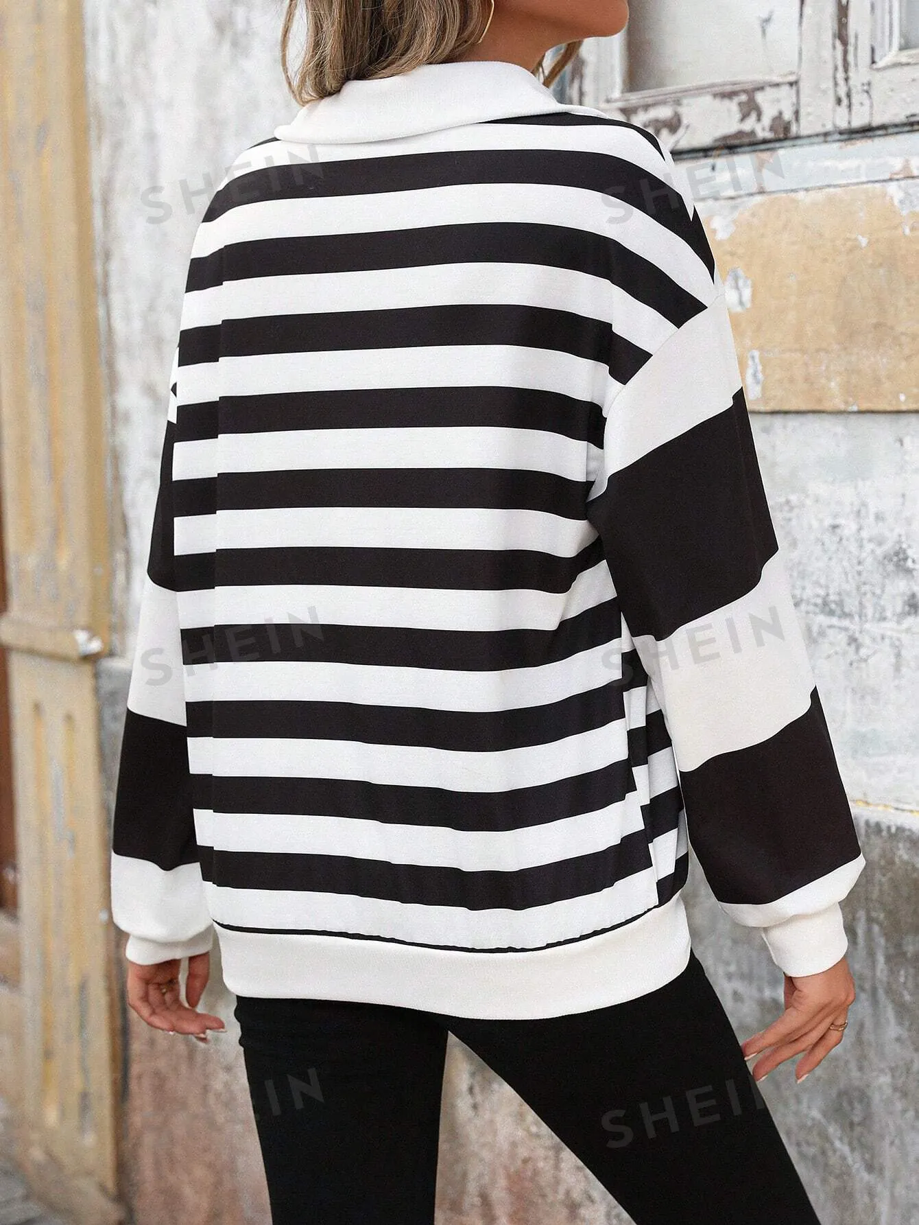 LUNE Women's Casual Street Style Black & White Striped Long Sleeve Sweatshirt, Autumn