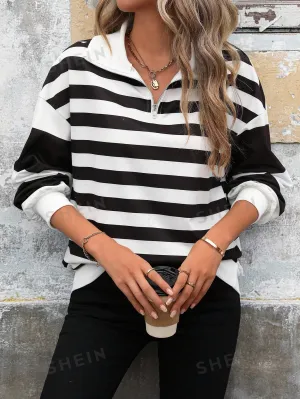 LUNE Women's Casual Street Style Black & White Striped Long Sleeve Sweatshirt, Autumn
