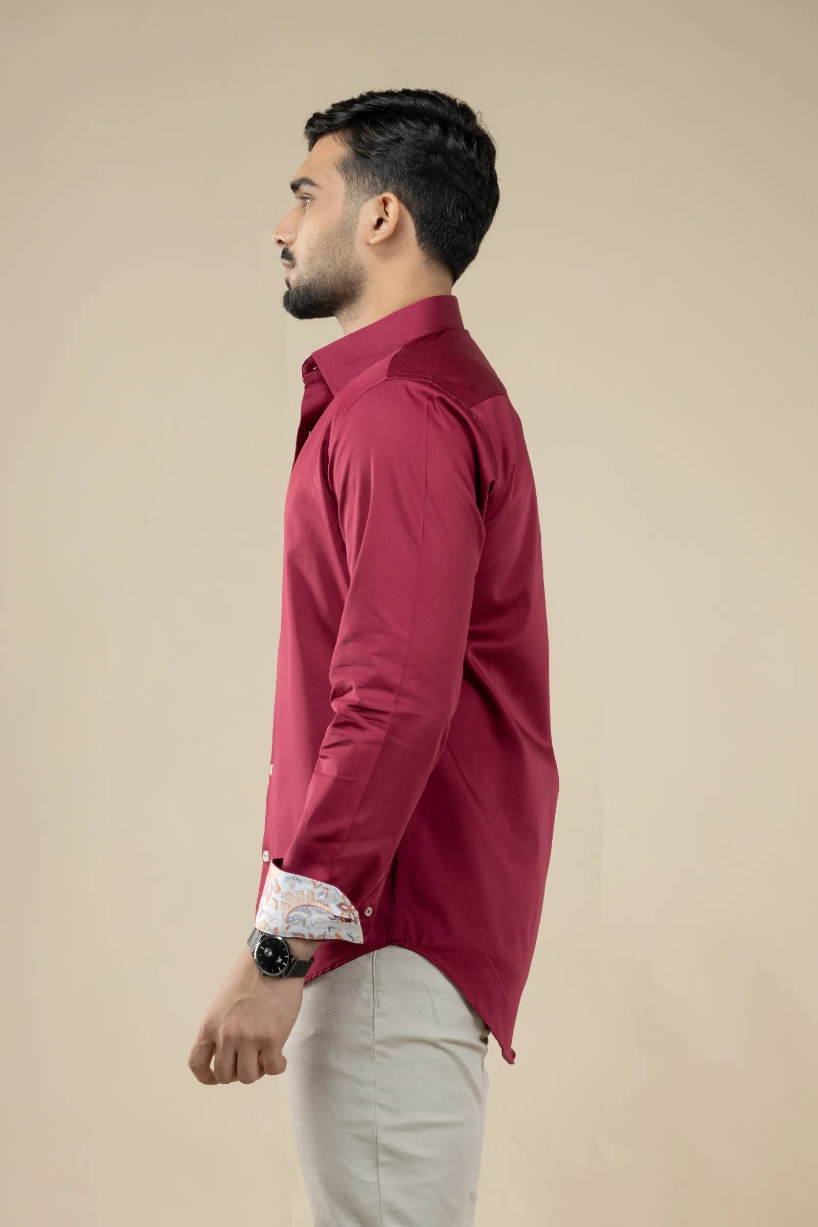 Maroon Satin Shirt with Inner Collar Cuff Contrast