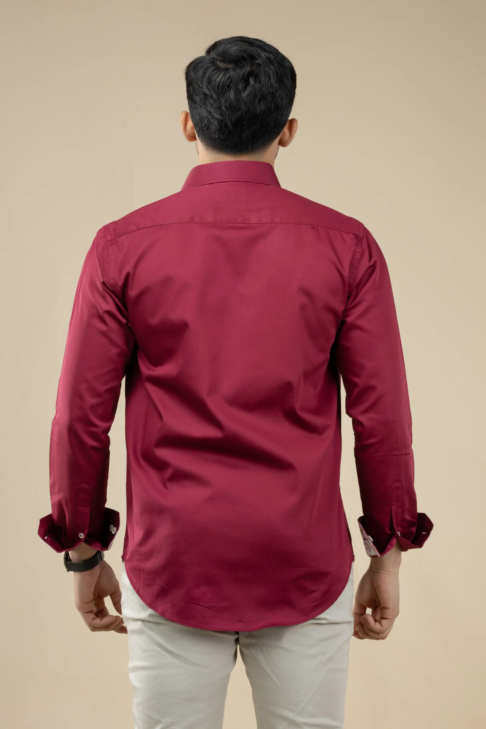 Maroon Satin Shirt with Inner Collar Cuff Contrast