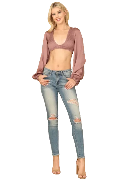 Mauve Bralette Shirred Front Long Puff Sleeve Satiny Top - Pack of 5