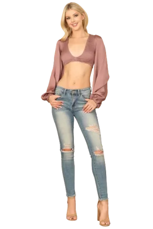 Mauve Bralette Shirred Front Long Puff Sleeve Satiny Top - Pack of 5