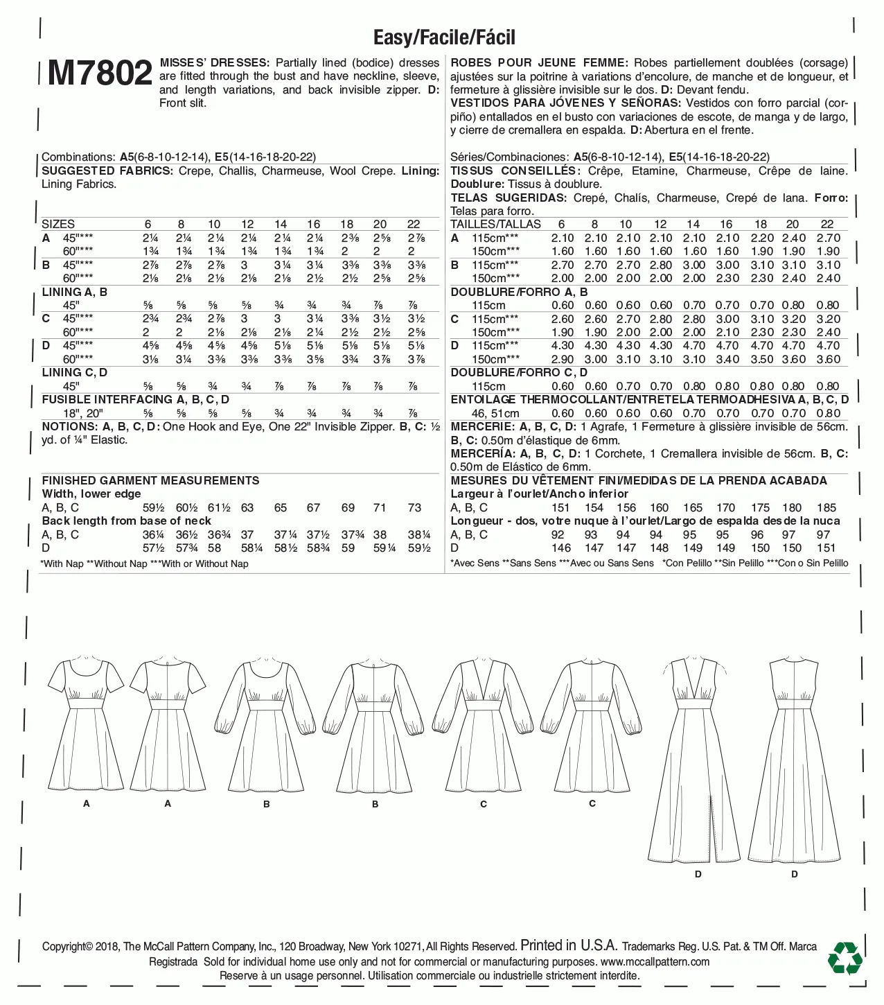 McCall's Pattern M7802 Misses' Dresses