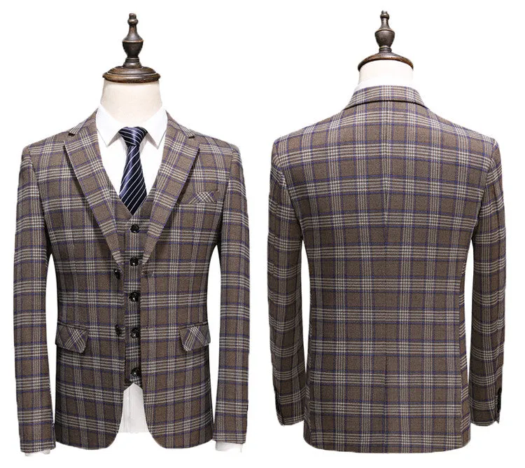 Men's 3 Peice Jacket Pants Vest Plaid Business Suit