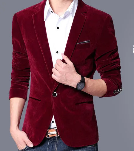 Mens blazer slim fit suit jacket black navy blue velvet spring autumn outwear coat Suits For Men