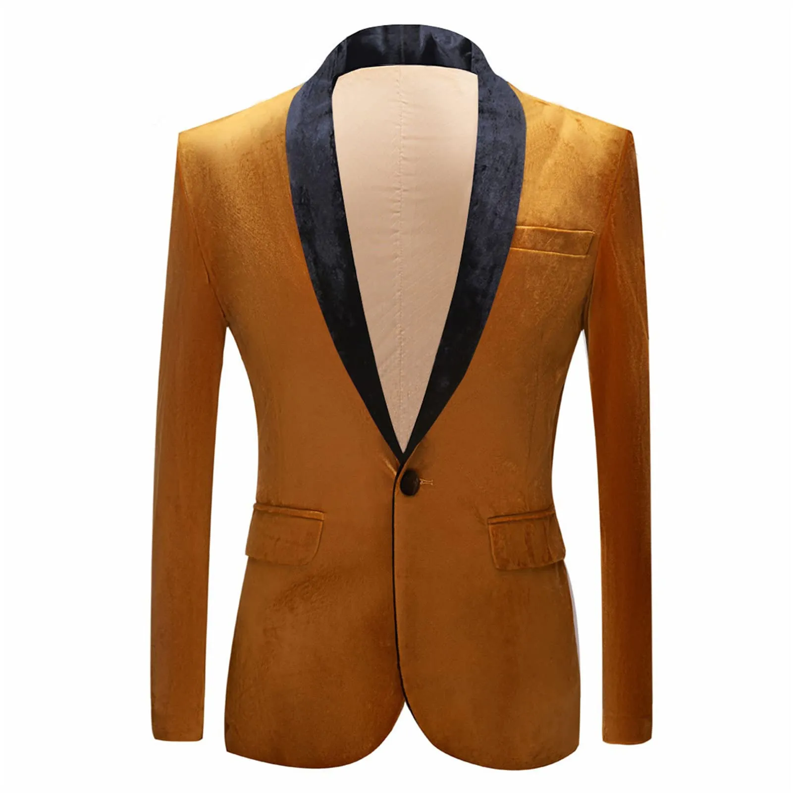 Men's Premium Velvet Blazer Jacket Slim Fit Solid Shawl Lapel Tuxedo Suit One Button Dinner Party Prom Sport Coat (Golden,X-Small)