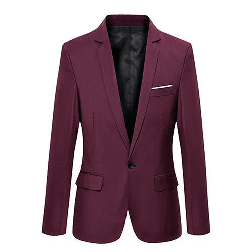 Men's Slim Blazer Formal Business Suit One Button Lapel Long Sleeve Pockets Top